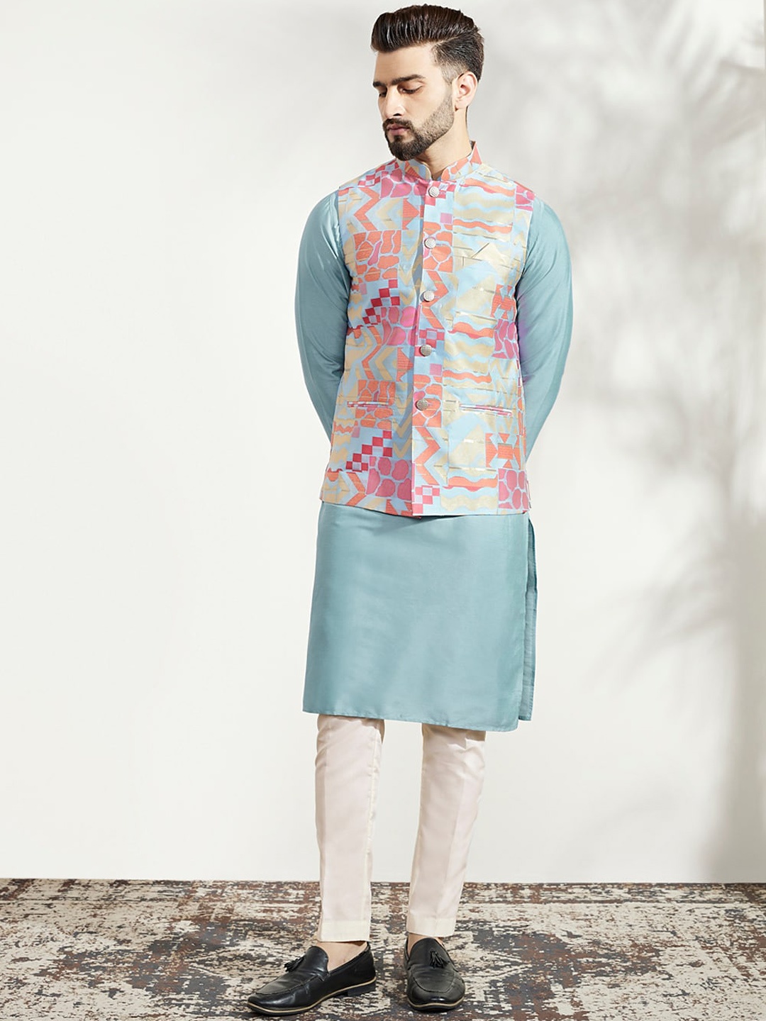 

KISAH Men Textured Regular Fit Abstract Print Kurta Jacket Trouser Set, Blue