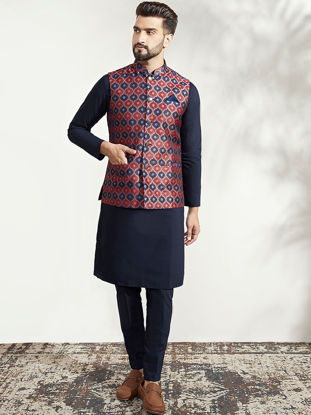 

KISAH Mandarin Collar Long Sleeves Kurta With Trouser & Nehru Jacket, Red