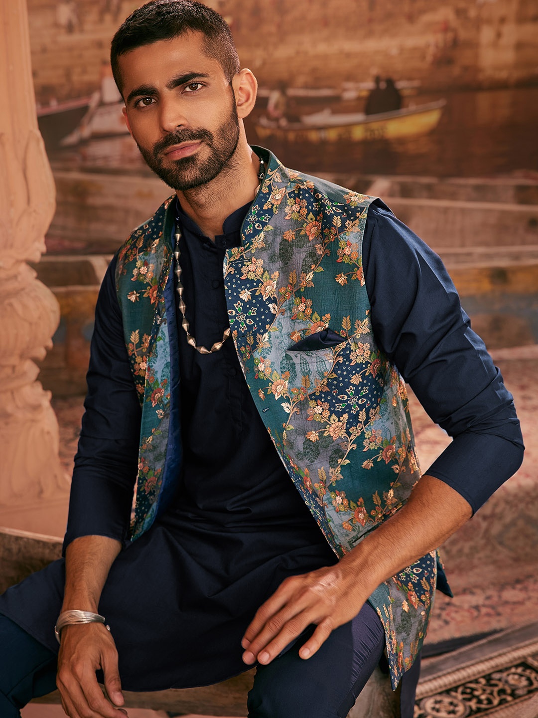 

KISAH Men Floral Printed Regular Fit Kurta Jacket Trouser Set, Blue