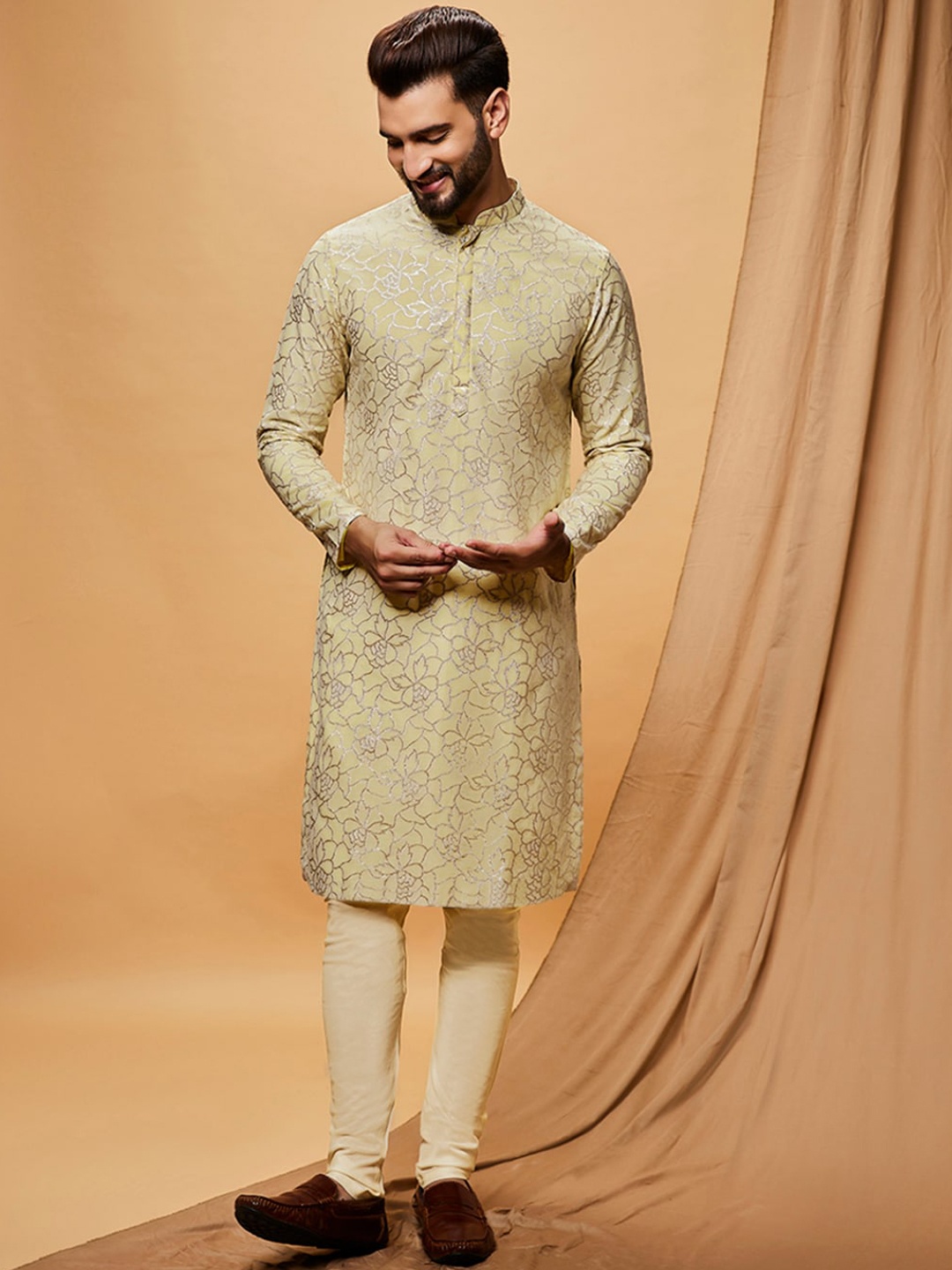 

KISAH Floral Woven Design Mandarin Collar Straight Kurta with Churidar Set, Yellow