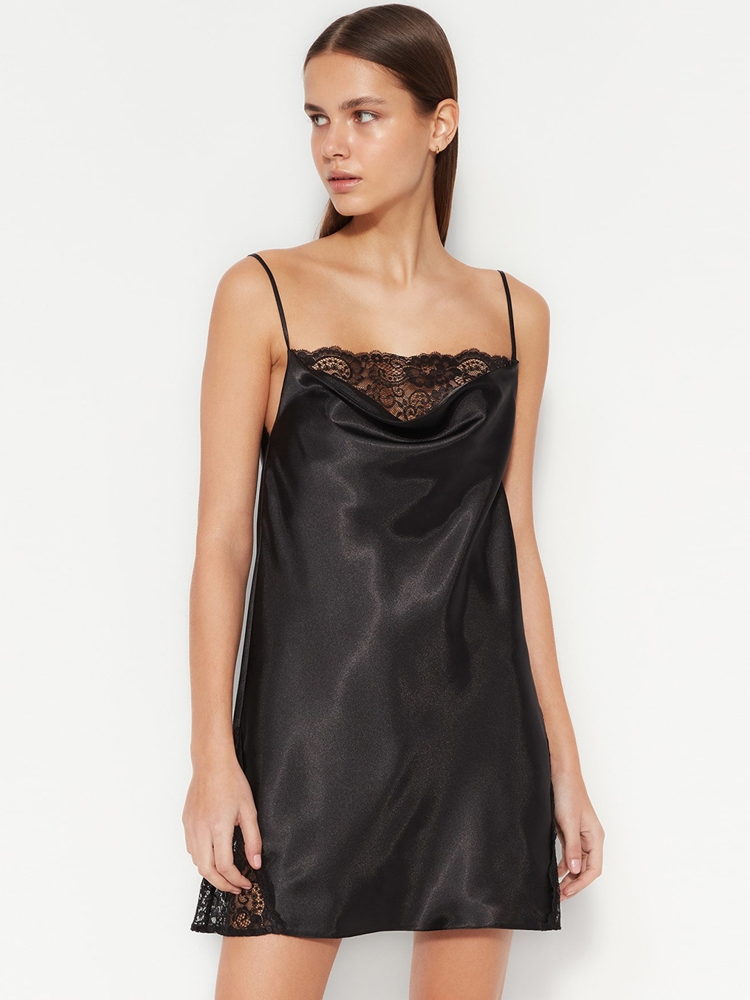 

Trendyol Self Design Satin Strappy Nightdress, Black