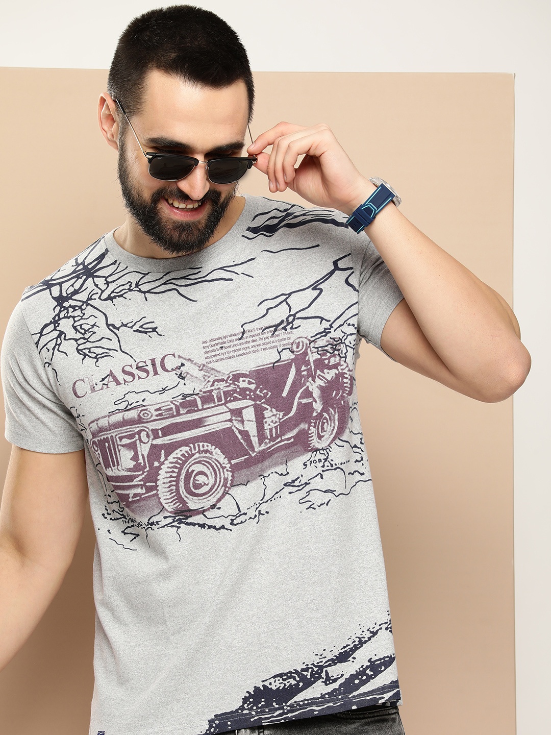 

HERE&NOW Men Printed T-shirt, Grey melange