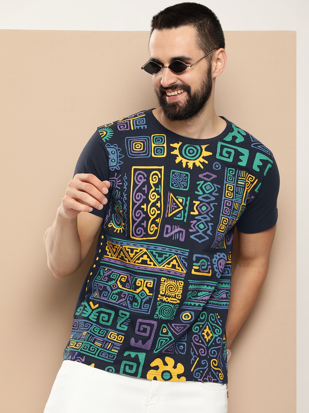 

HERE&NOW Men Tribal Printed T-shirt, Navy blue