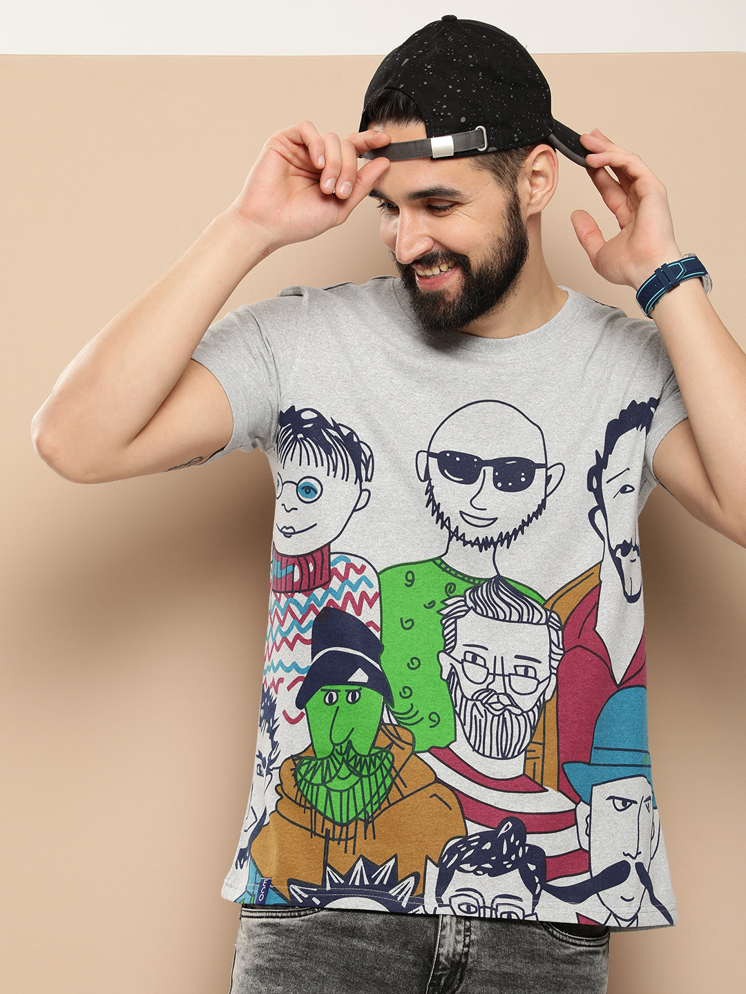 

HERE&NOW Men Printed T-shirt, Grey melange