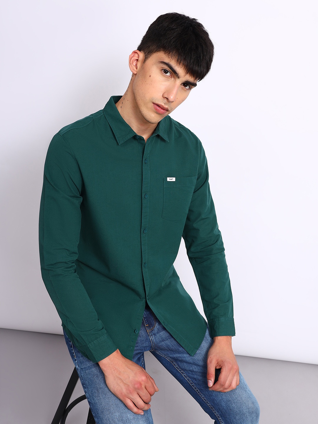 

Lee Spread Collar Slim Fit Cotton Casual Shirt, Green