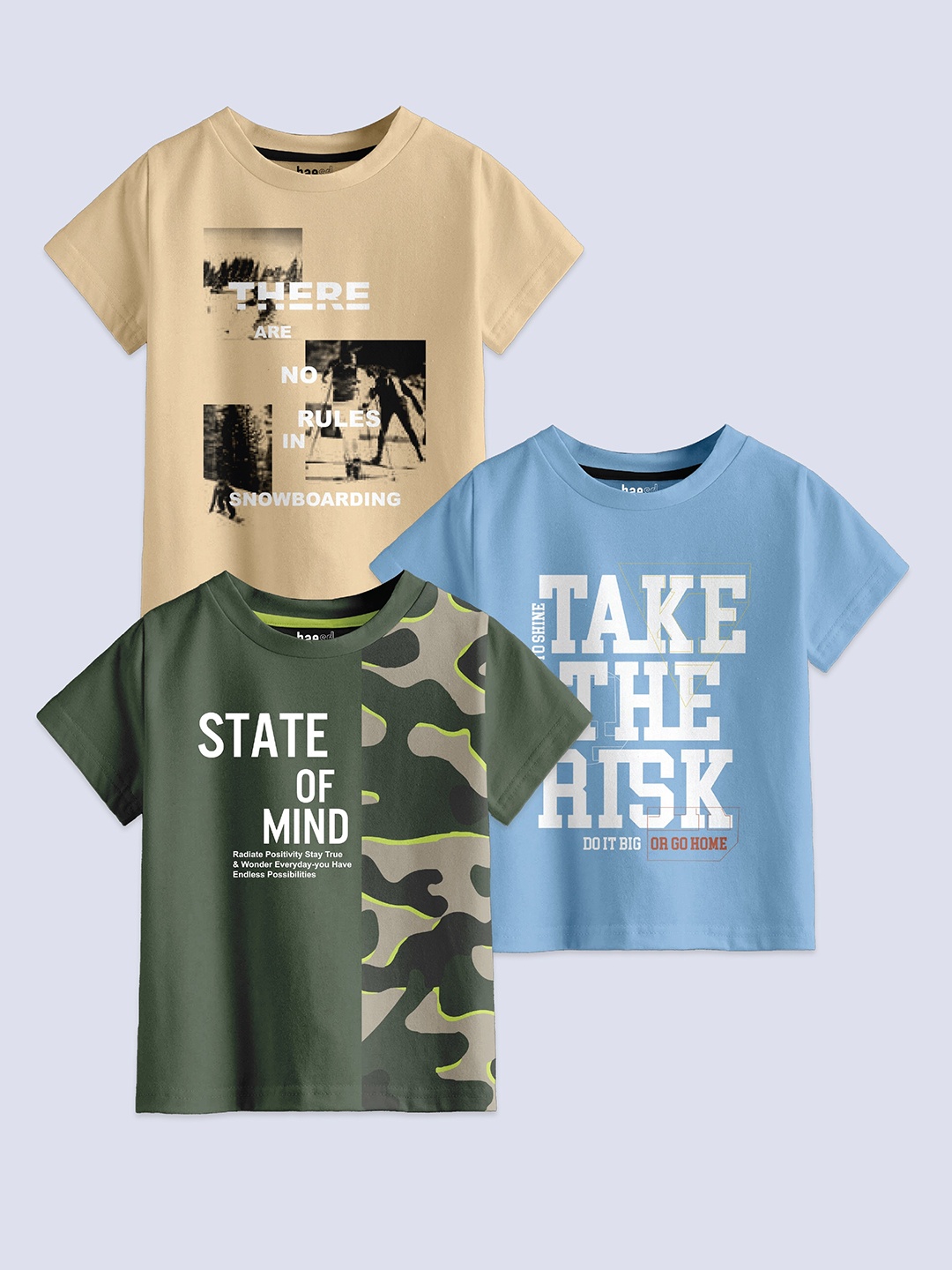 

BAESD Boys Pack Of 3 Typography Printed Pure Cotton T-shirt, Beige