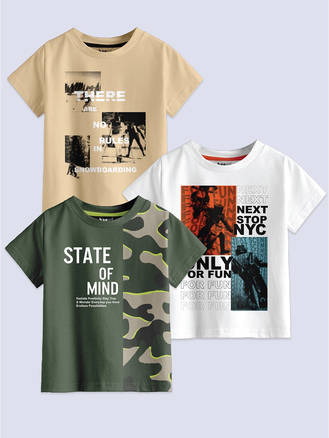 

BAESD Boys Pack Of 3 Printed Pure Cotton T-shirt, Beige
