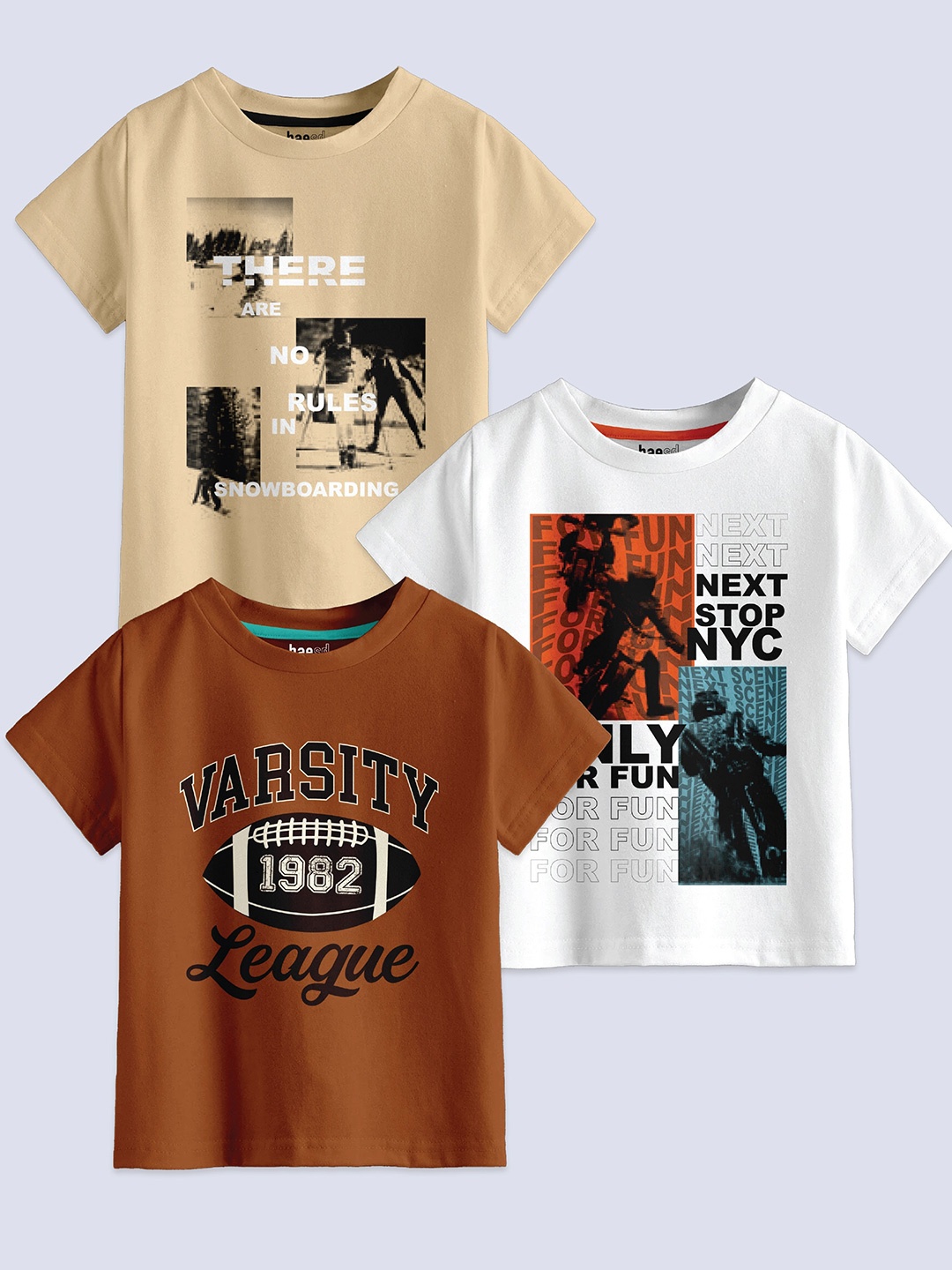 

BAESD Boys Pack Of 3 Typography Printed Pure Cotton T-shirt, Brown