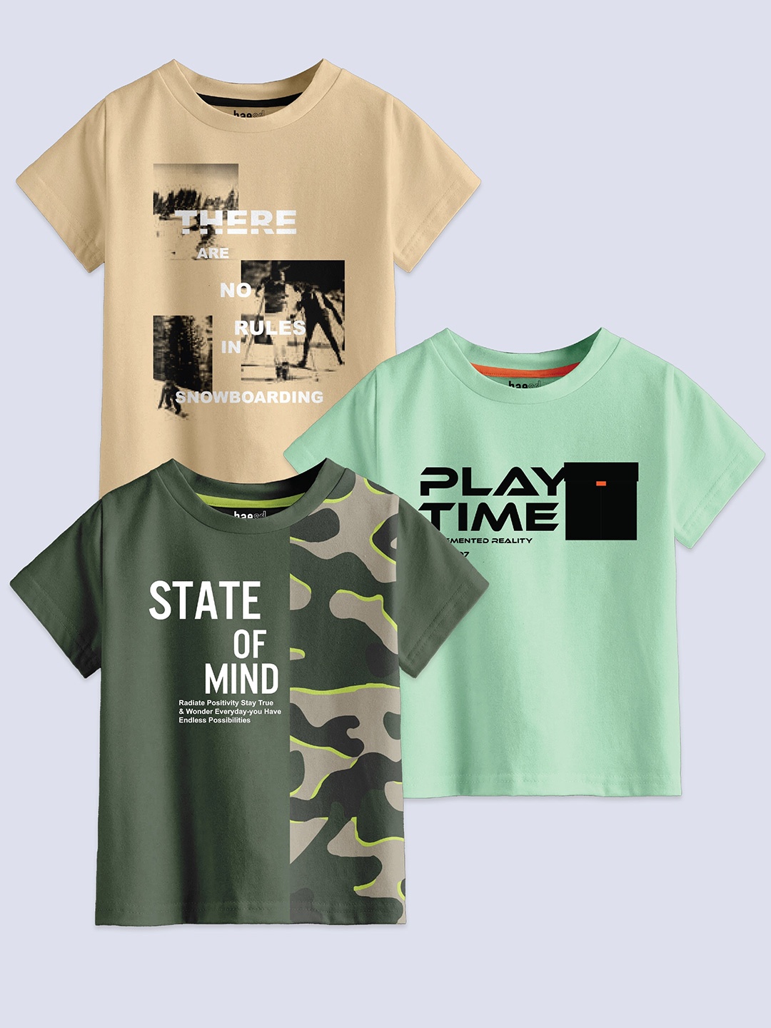 

BAESD Boys Pack Of 3 Typography Printed Pure Cotton T-shirt, Green