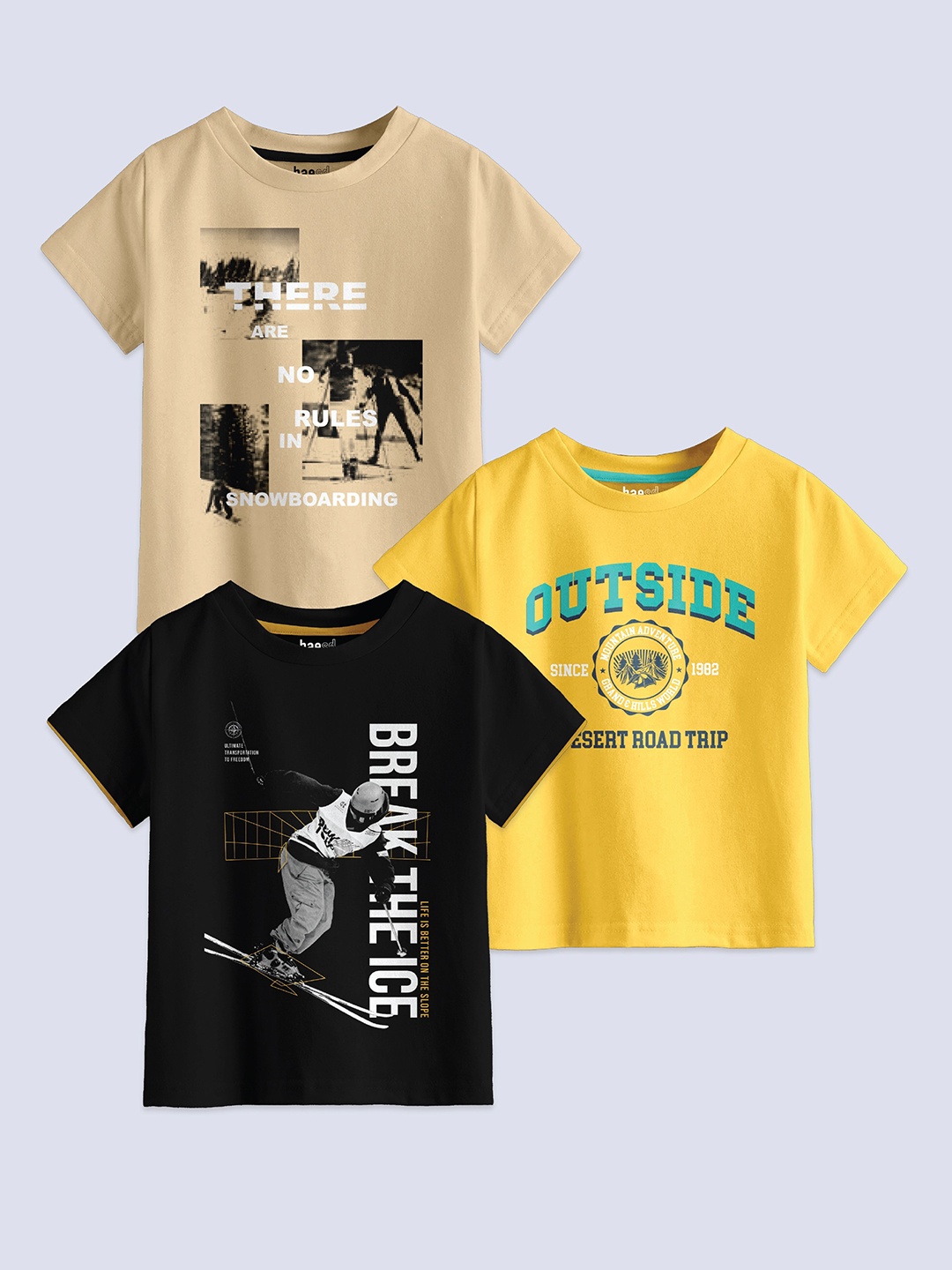 

BAESD Boys Pack Of 3 Graphic Printed Short Sleeves Round Neck Pure Cotton T-Shirt, Beige