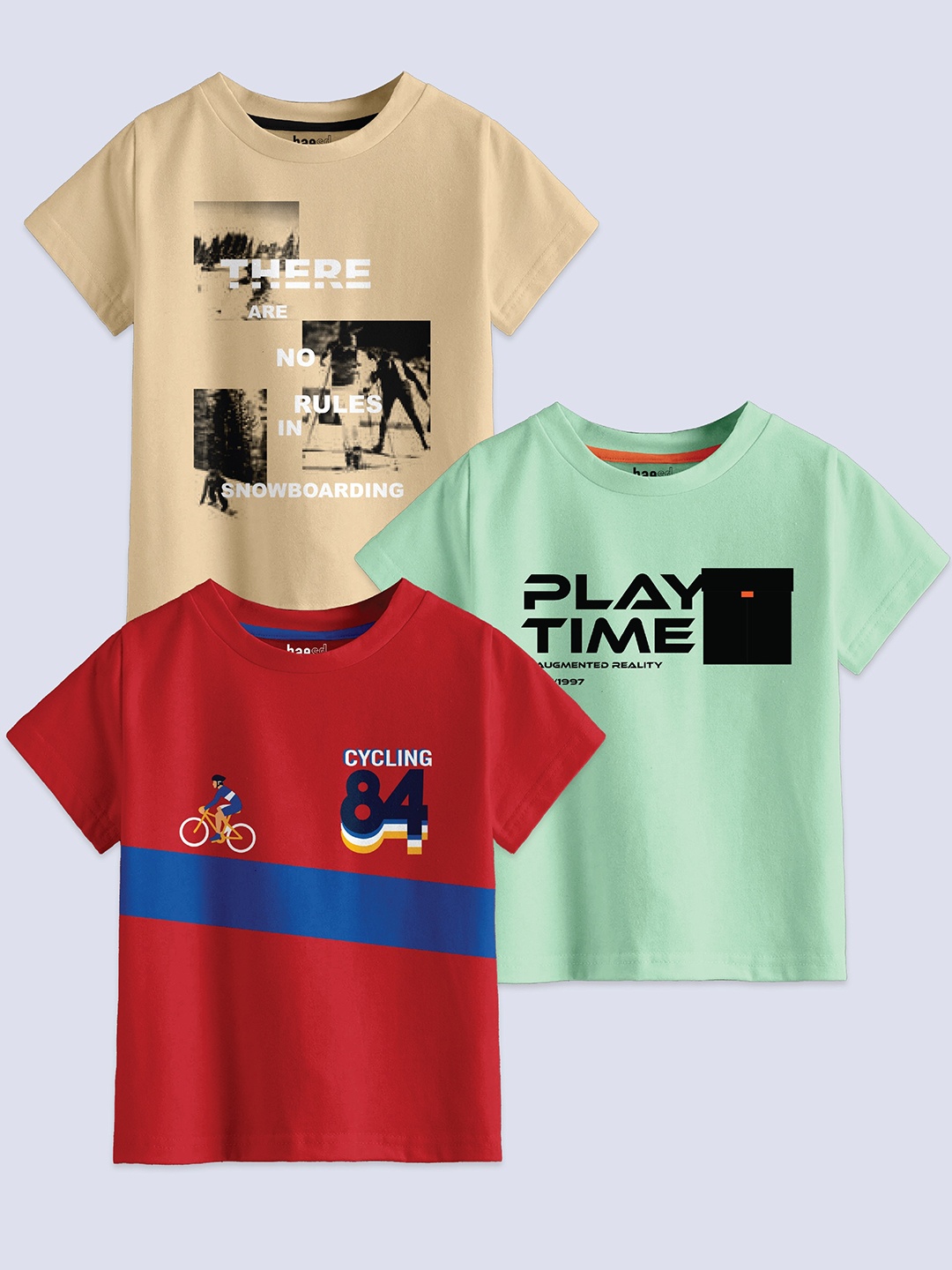 

BAESD Boys Pack Of 3 Typography Printed Pure Cotton T-shirt, Sea green