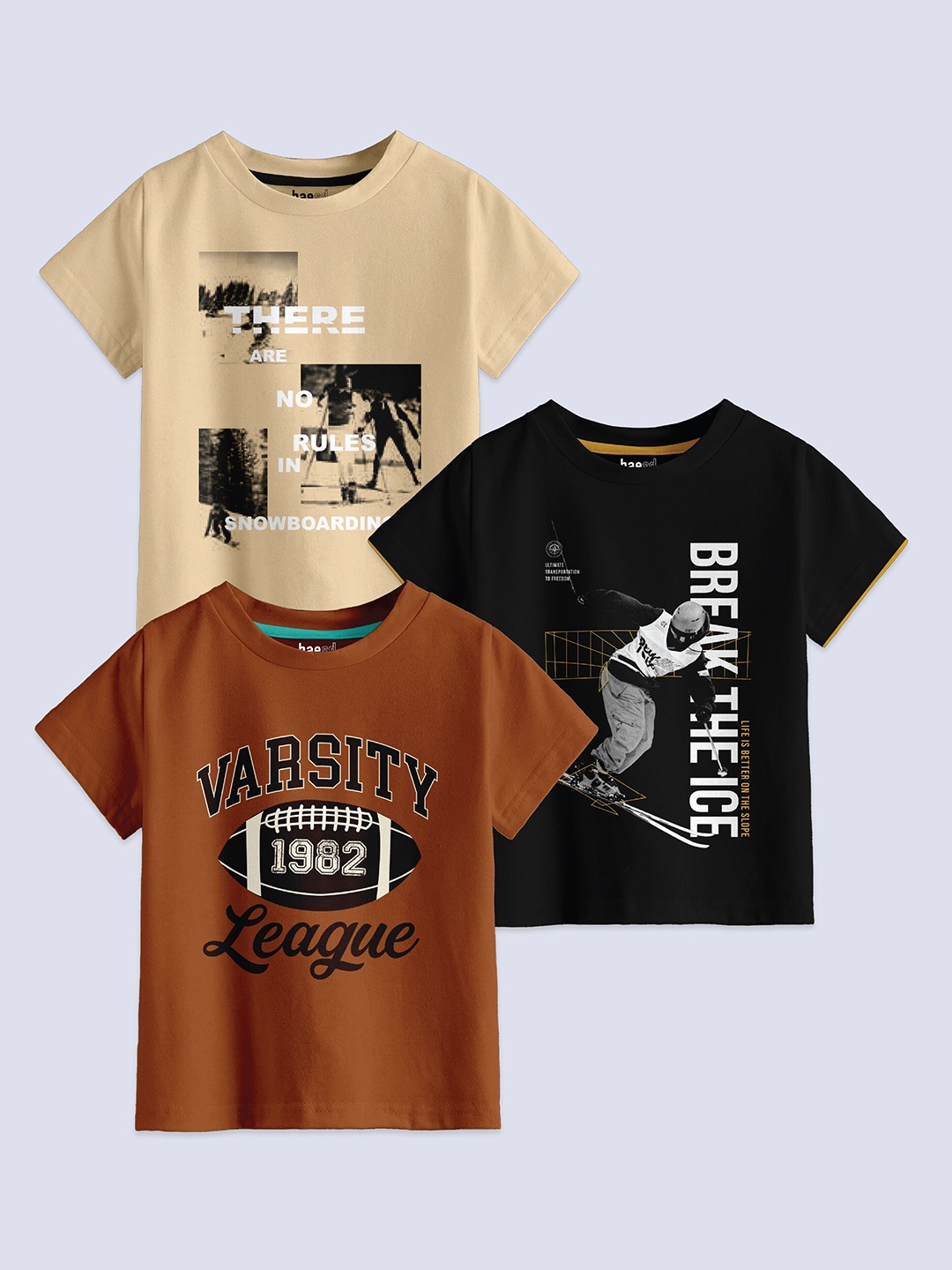 

BAESD Boys Pack Of 3 Typography Printed Pure Cotton Casual T-shirt, Beige
