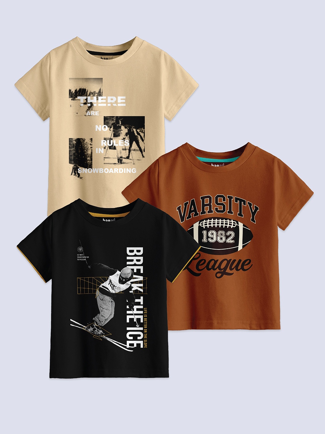 

BAESD Boys Pack Of 3 Typography Printed Pure Cotton T-shirt, Beige