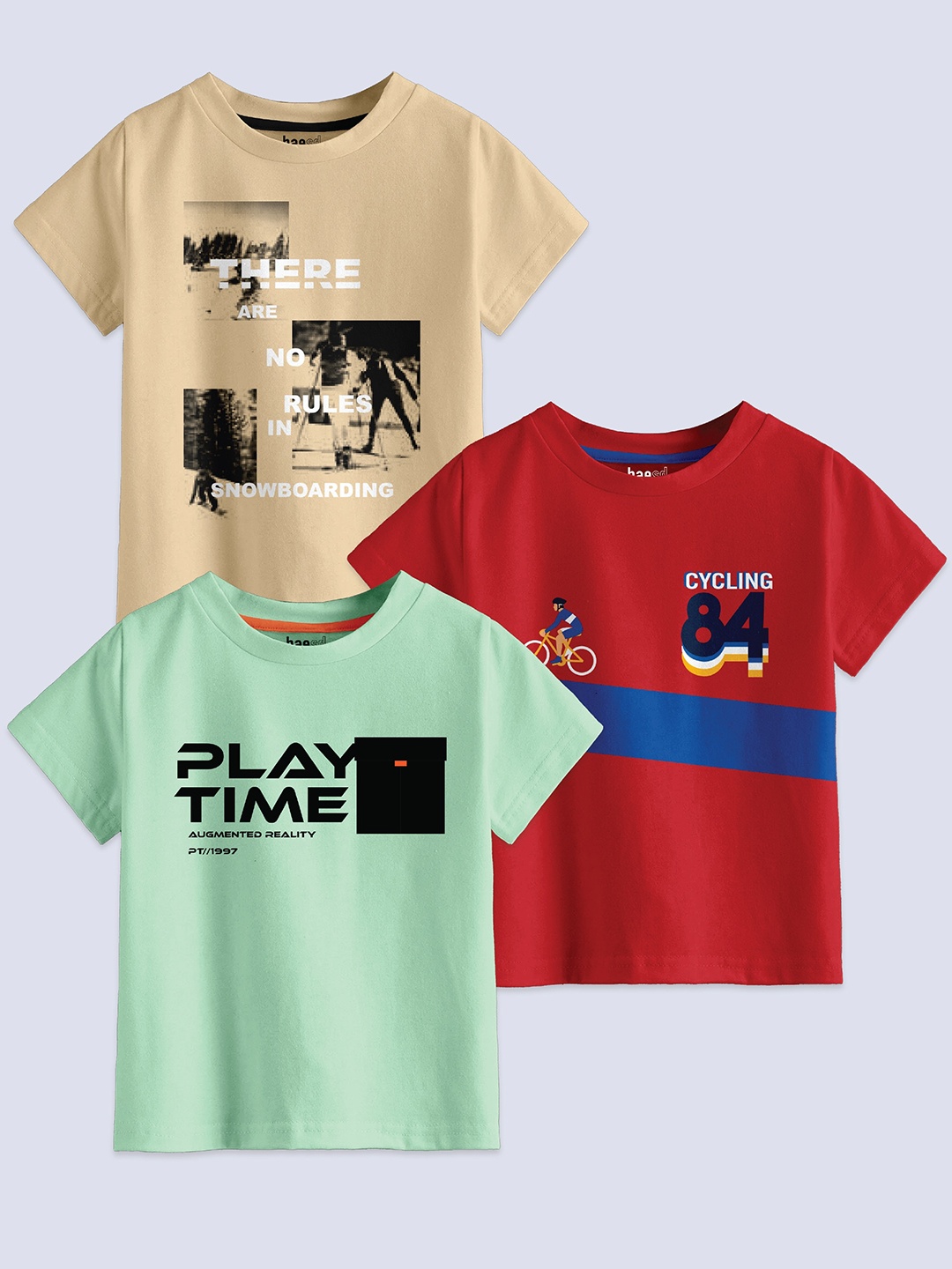 BAESD Boys Pack Of 3 Typography Printed Pure Cotton T-shirt, Beige
