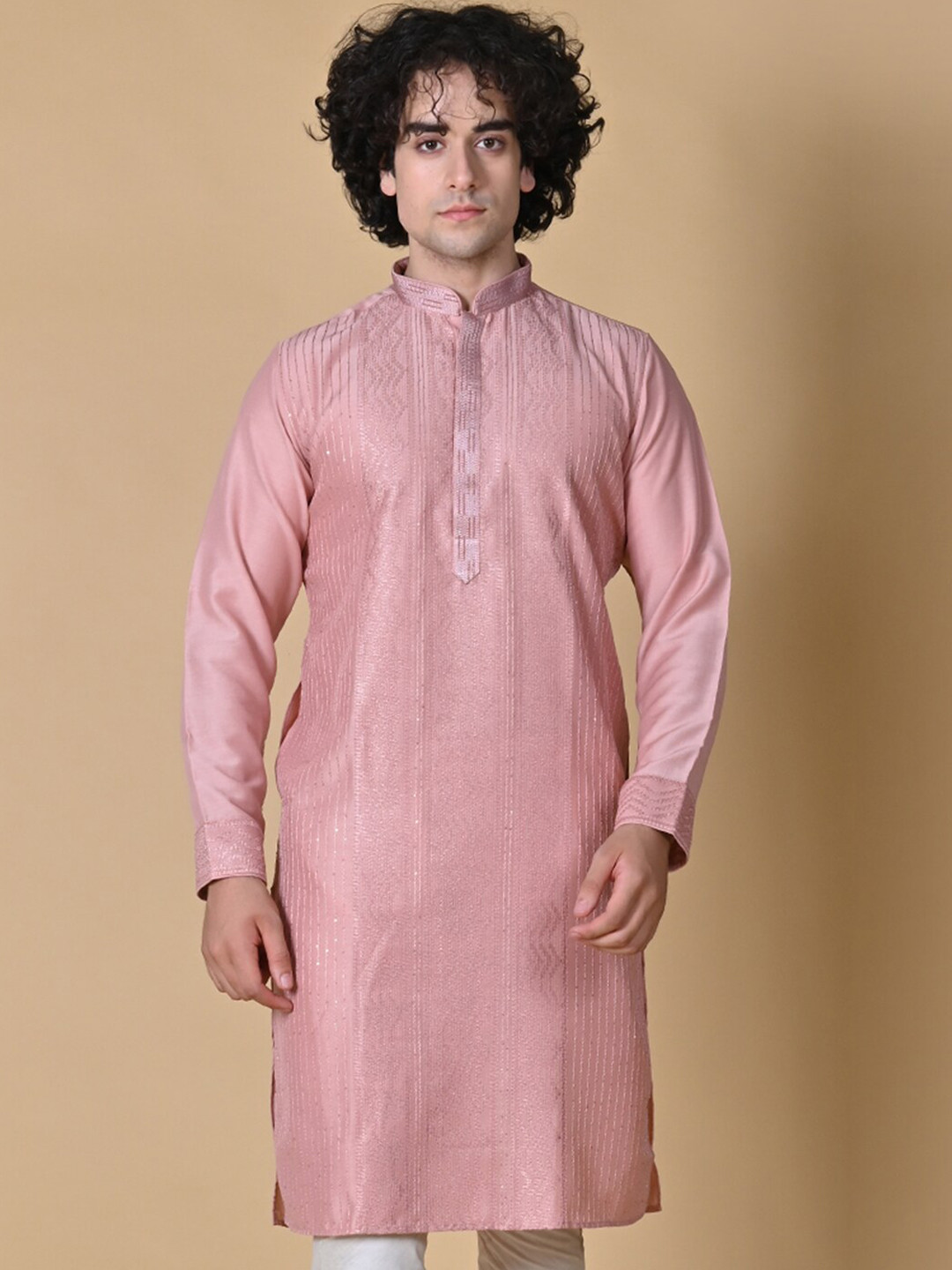 

MAAHI FABS Striped Mandarin Collar Thread Work Brasso Weave Straight Kurta, Peach