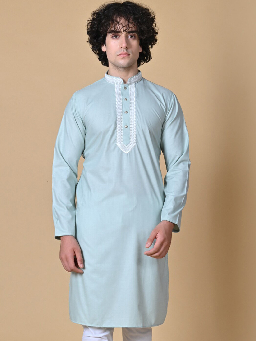 

MAAHI FABS Mandarin Collar Pure Cotton Straight Kurta, Blue