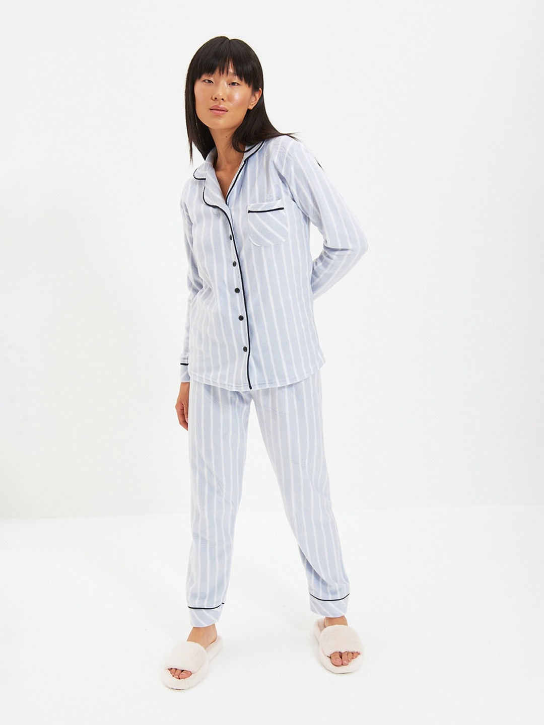 

Trendyol Striped Lapel Collar Night suits, Blue