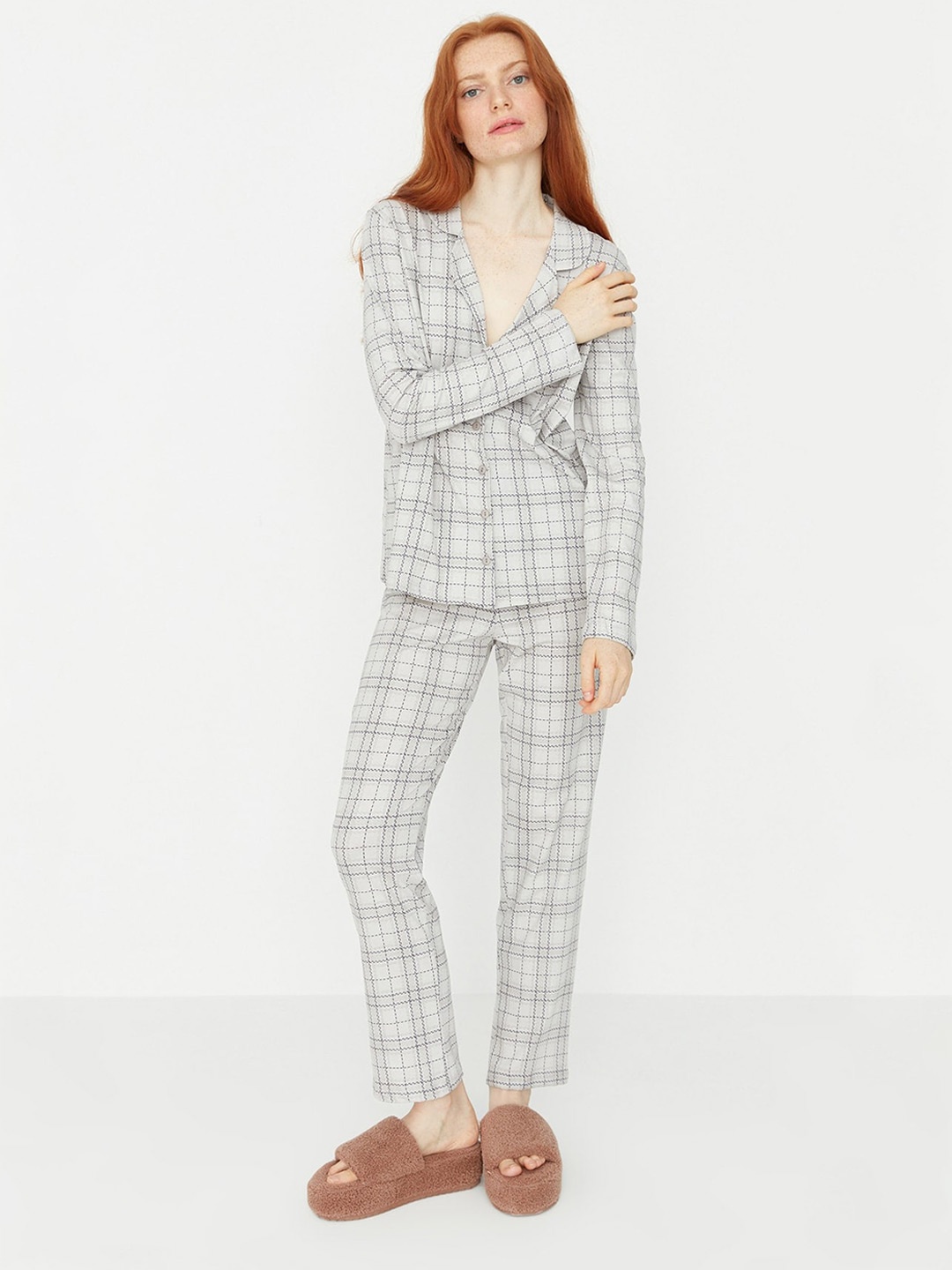 

Trendyol Checked Lapel Collar Long Sleeves Pure Cotton Shirt & Pyjamas, Grey