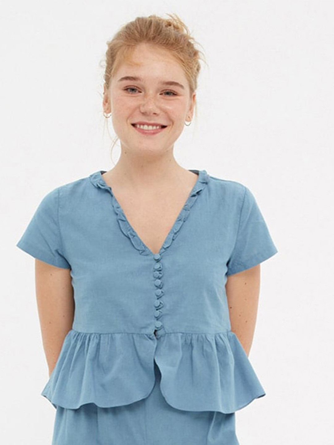 

Trendyol V-Neck Short Sleeves Flared Top & Pyjamas, Blue