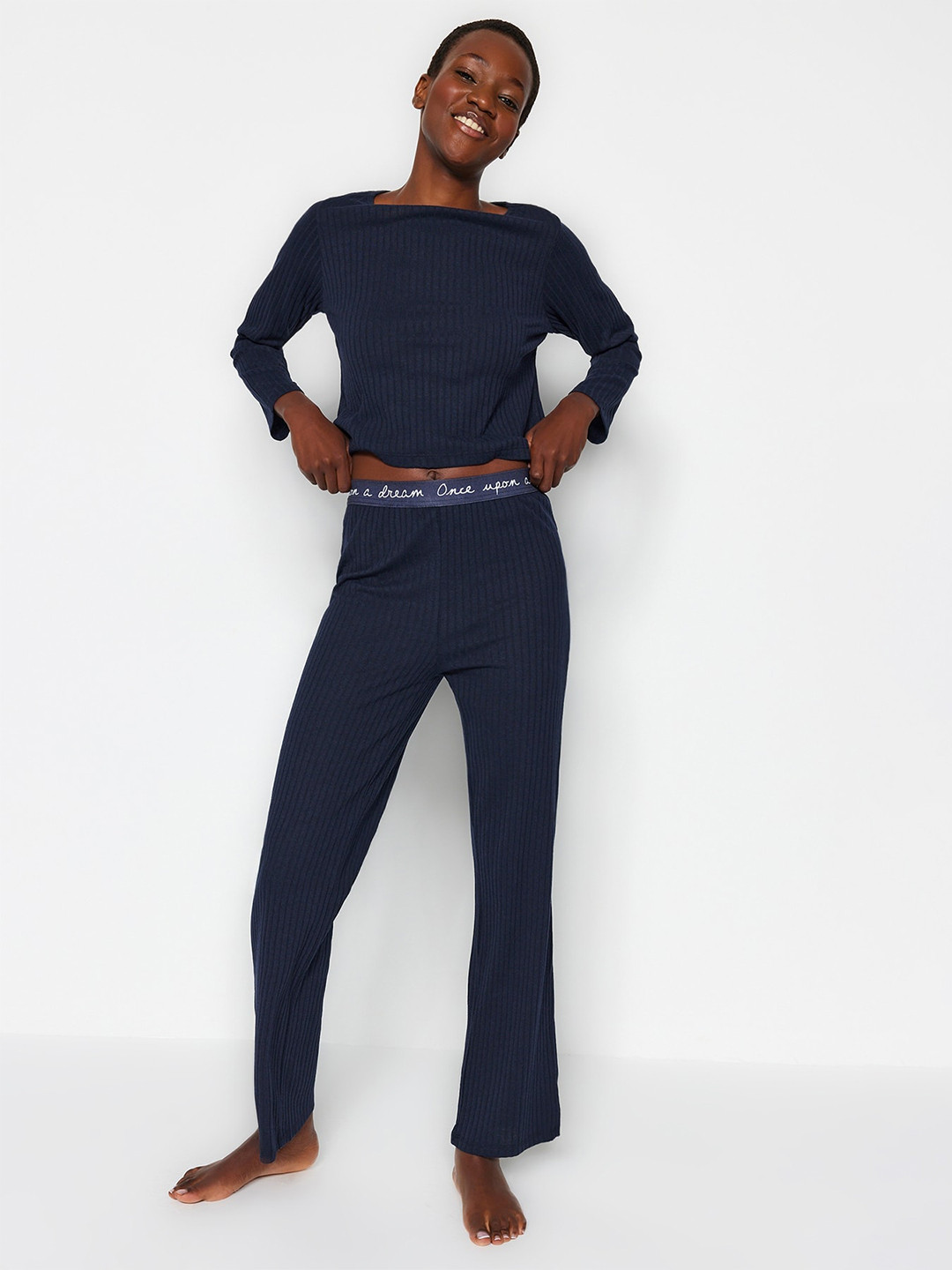 

Trendyol Ribbed Night suit, Navy blue