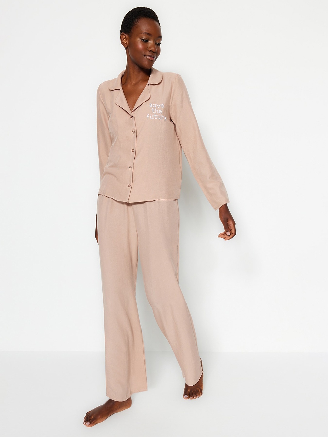 

Trendyol Lapel Collar Shirt And Pyjamas, Beige