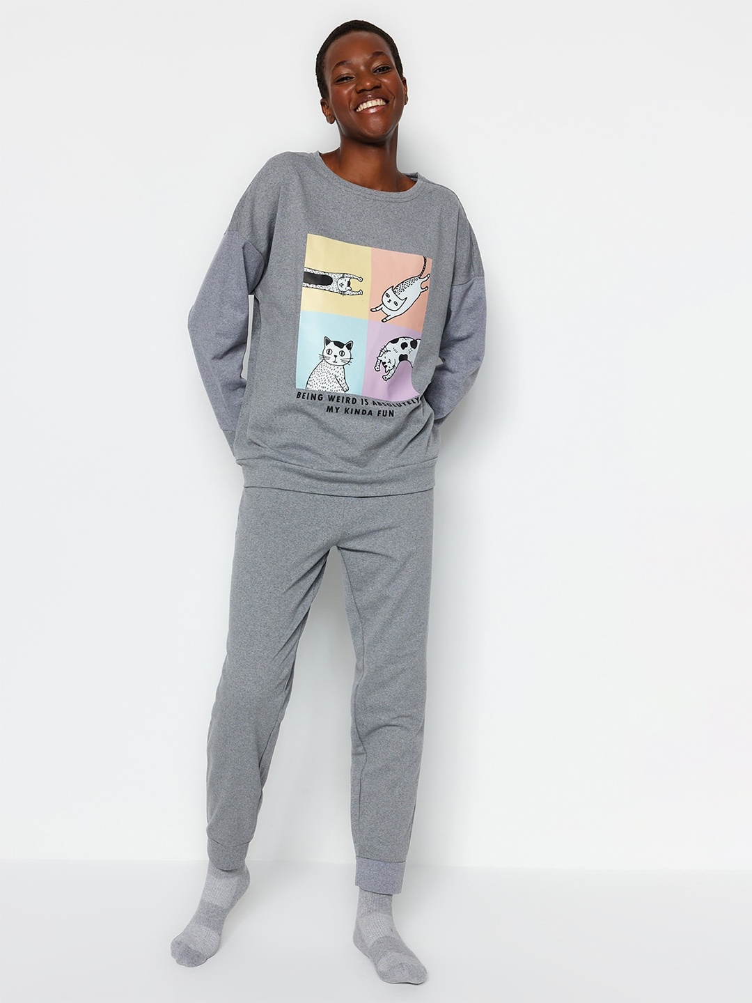 

Trendyol Graphic Printed T-shirt And Pyjamas, Grey