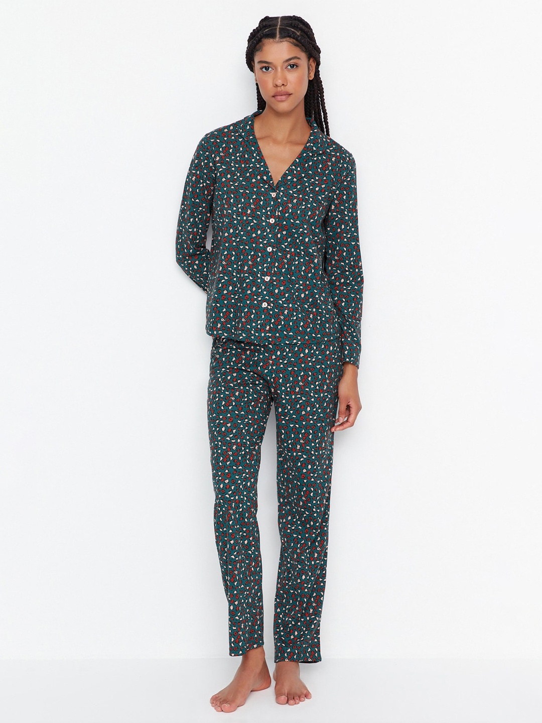 

Trendyol Geometric Printed Lapel Collar Pure Cotton Shirt And Pyjamas, Teal