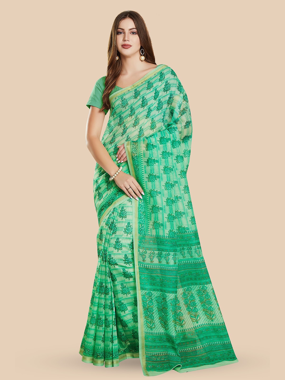 

Rani Saahiba Ethnic Motifs Printed Zari Detailed Saree, Green