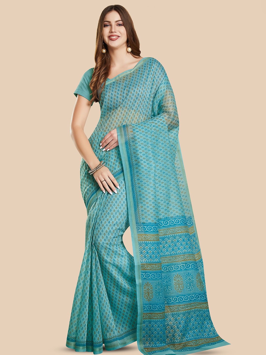 

Rani Saahiba Ethnic Motifs Zari Block Print Saree, Blue