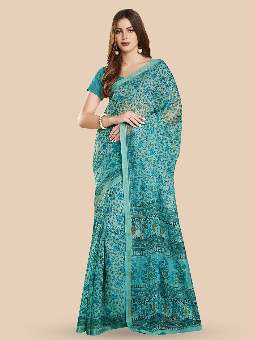 

Rani Saahiba Floral Printed Zari Block Print Saree, Blue