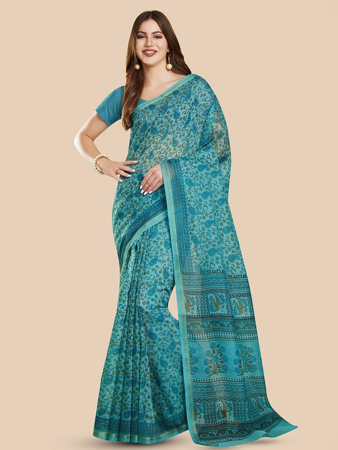 

Rani Saahiba Ethnic Motifs Zari Block Print Saree, Blue