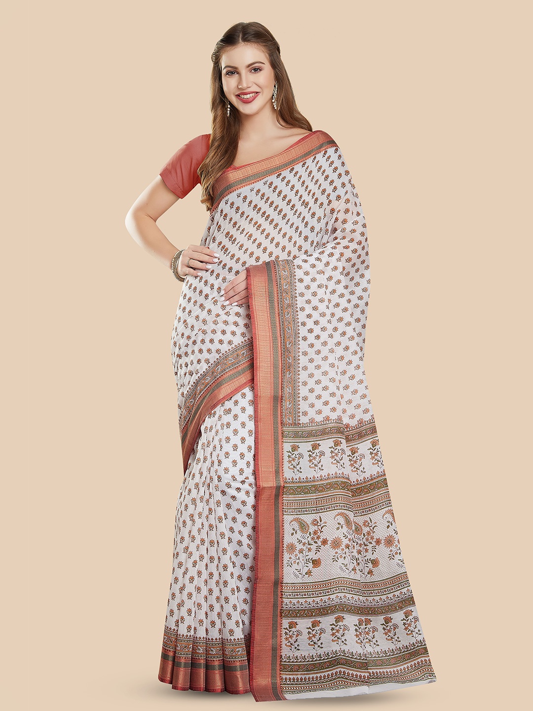 

Rani Saahiba Floral Zari Block Print Saree, White