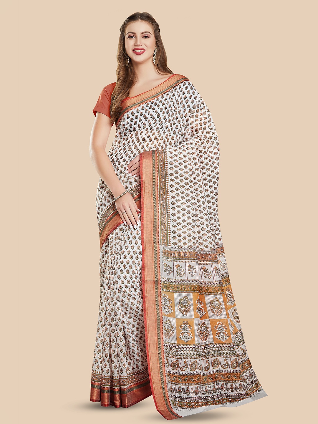 

Rani Saahiba Ethnic Motifs Printed Zari Print Saree, White