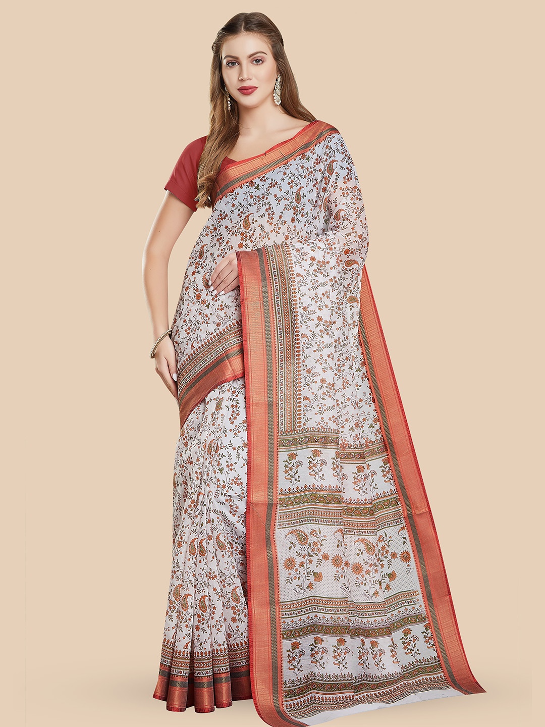 

Rani Saahiba Floral Block Printed Zari Saree, White
