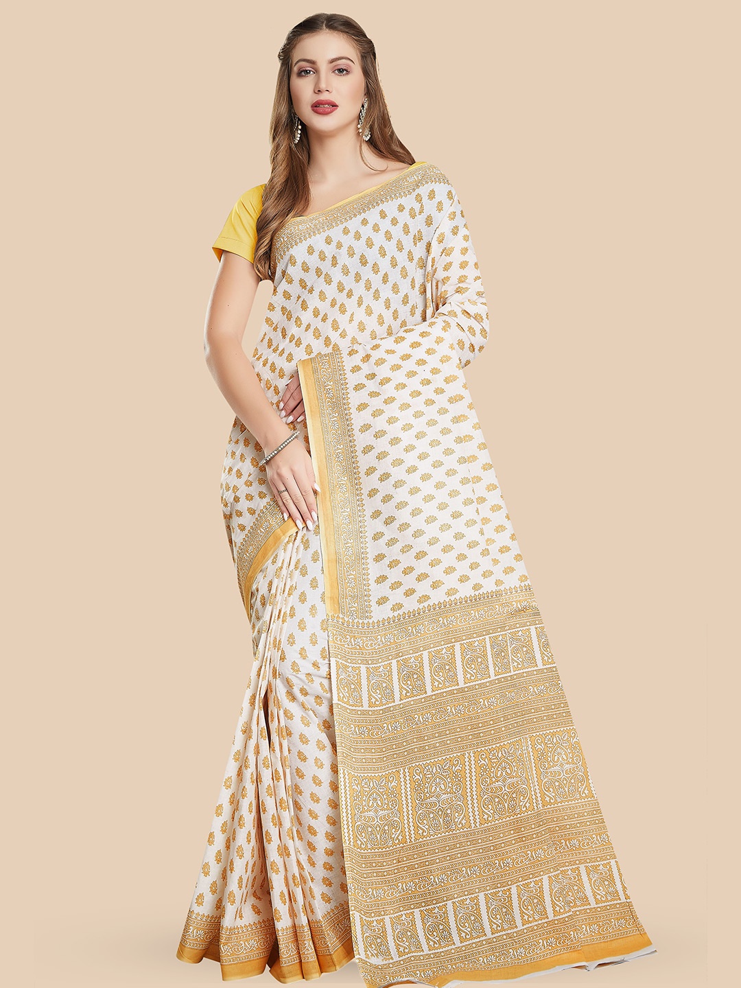 

Rani Saahiba Ethnic Motifs Printed Pure Cotton Saree, White