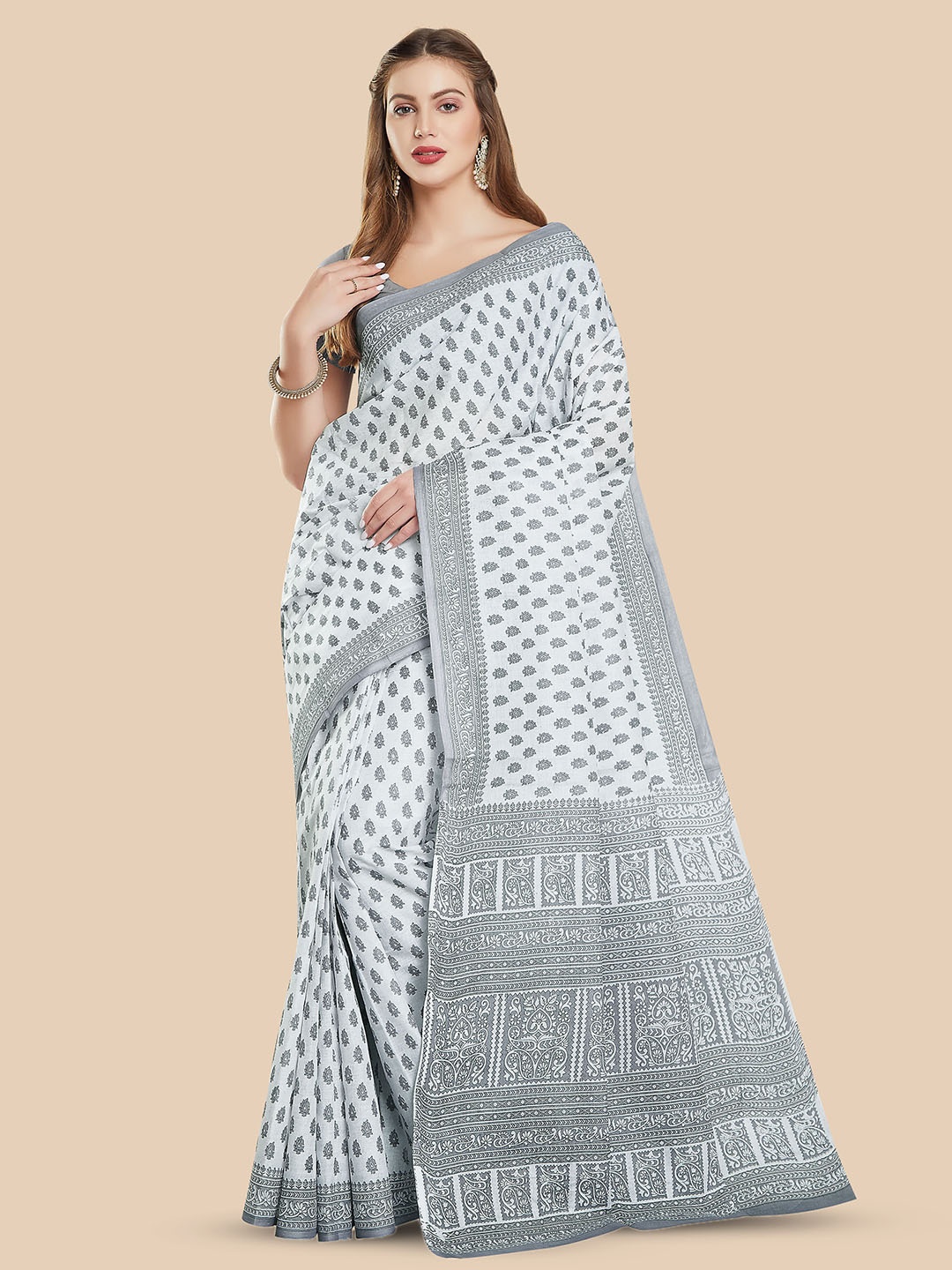 

Rani Saahiba Ethnic Motifs Printed Pure Cotton Block Print Saree, White