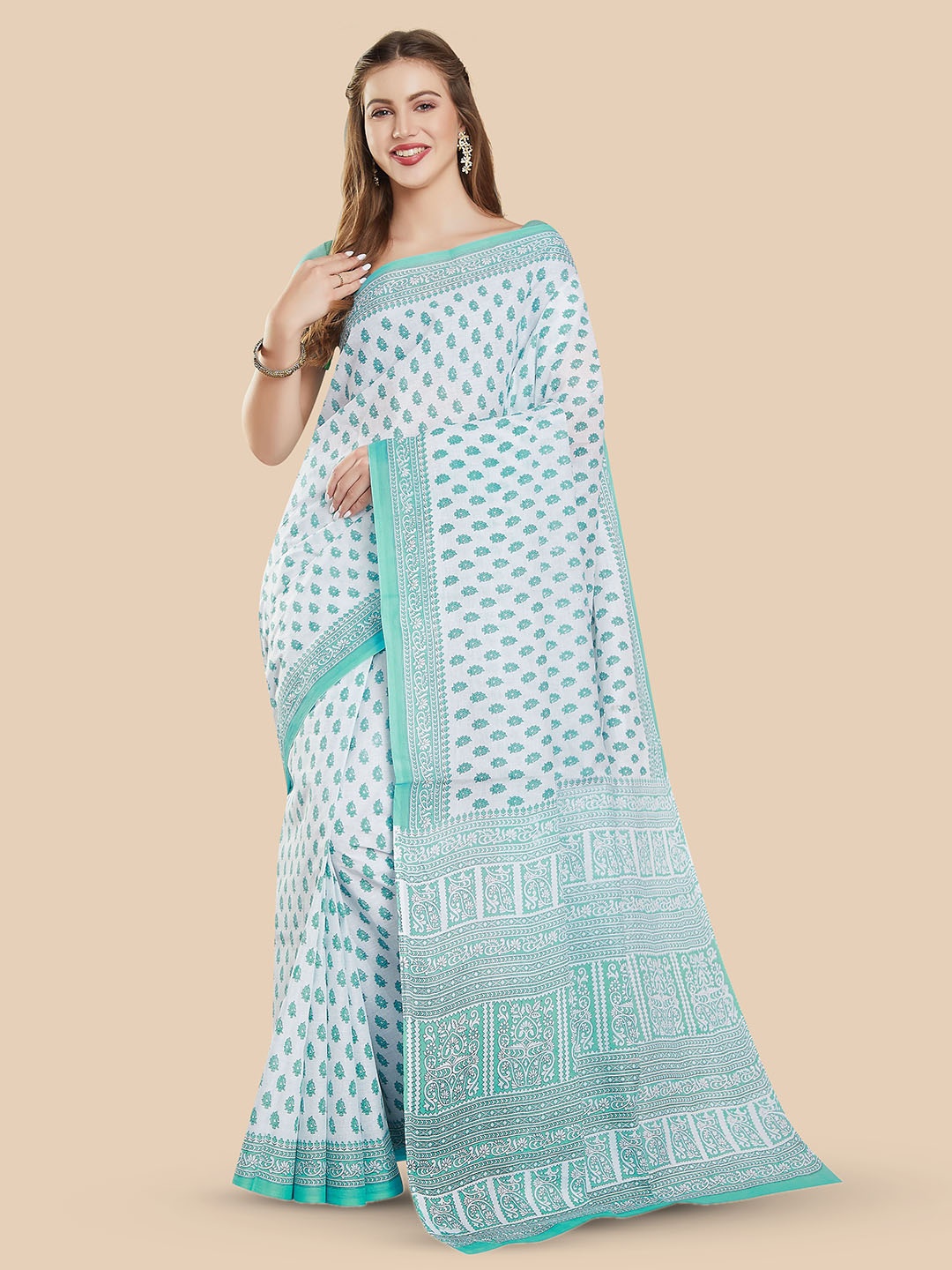 

Rani Saahiba Ethnic Motifs Pure Cotton Block Print Saree, White
