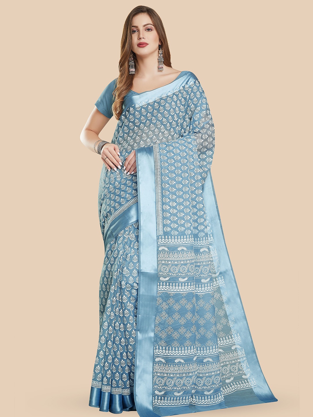 

Rani Saahiba Ethnic Motifs Printed Block Print Saree, Grey