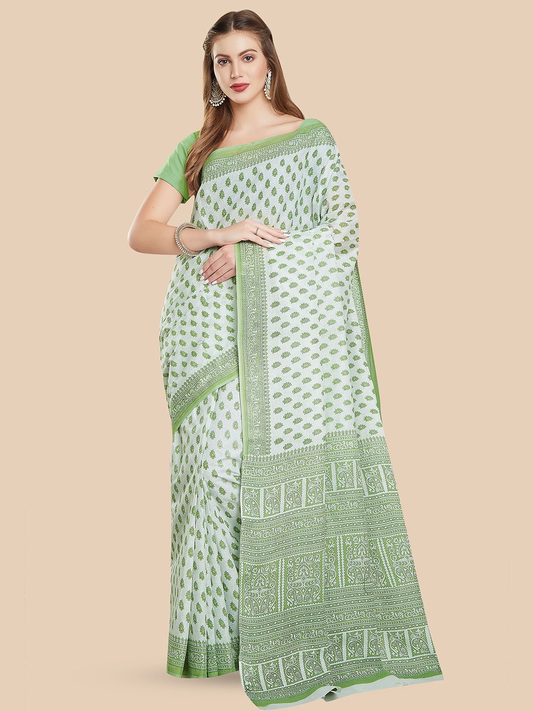 

Rani Saahiba Ethnic Motifs Printed Pure Cotton Block Print Saree, White