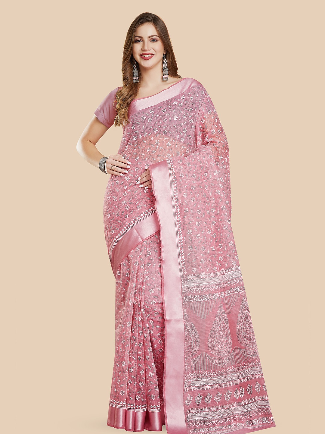 

Rani Saahiba Ethnic Motifs Printed Block Print Saree, Pink