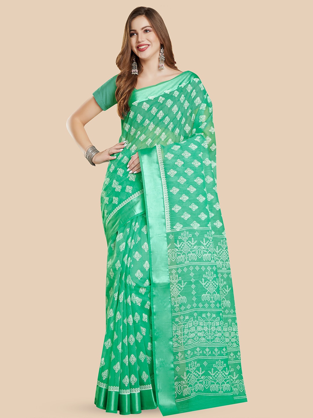 

Rani Saahiba Ethnic Motifs Block Print Saree, Green