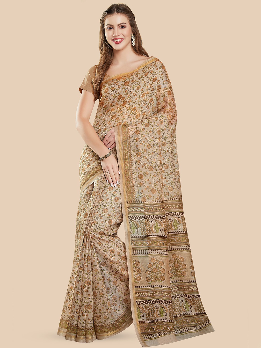 

Rani Saahiba Ethnic Motifs Printed Block Print Saree, Brown