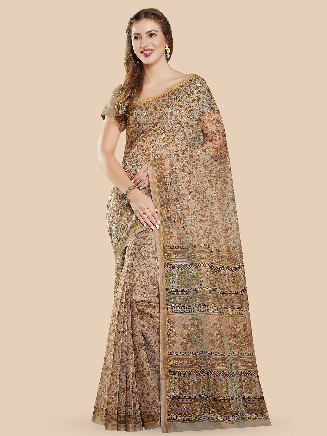 

Rani Saahiba Ethnic Motifs Printed Zari Block Print Saree, Brown