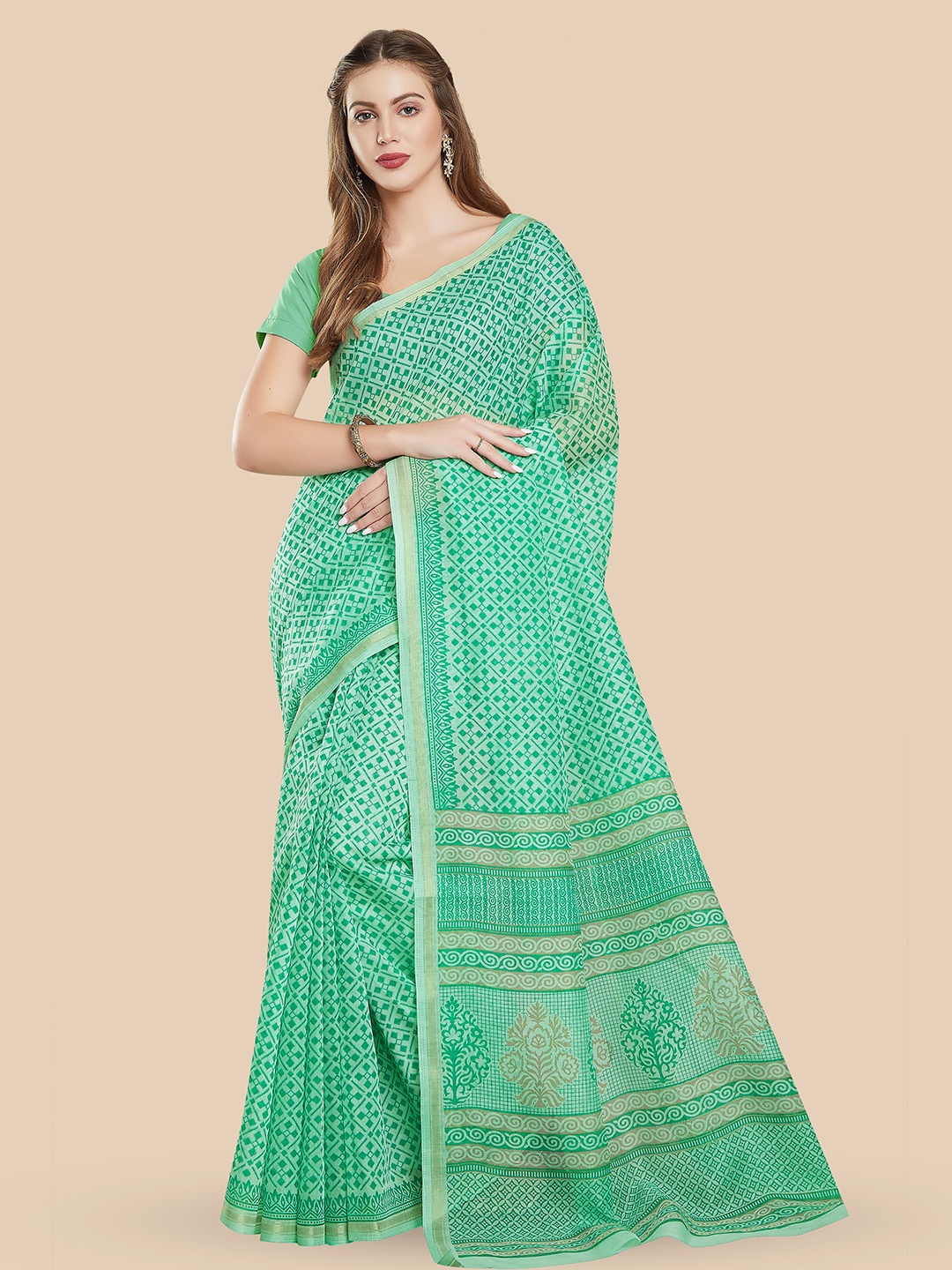 

Rani Saahiba Geometric Printed Zari Detailed Saree, Green