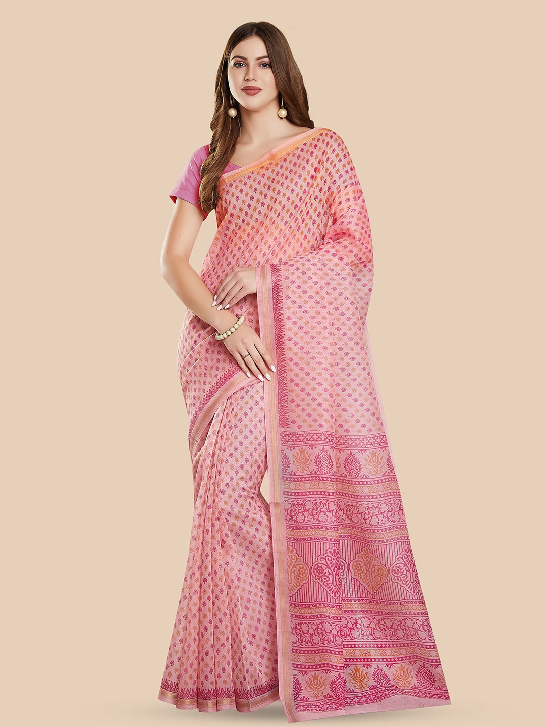 

Rani Saahiba Ethnic Motifs Printed Zari Block Print Saree, Pink