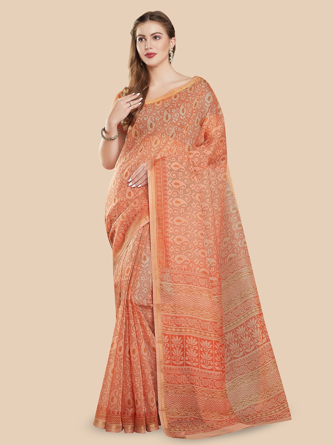 

Rani Saahiba Paisley Zari Block Print Saree, Orange
