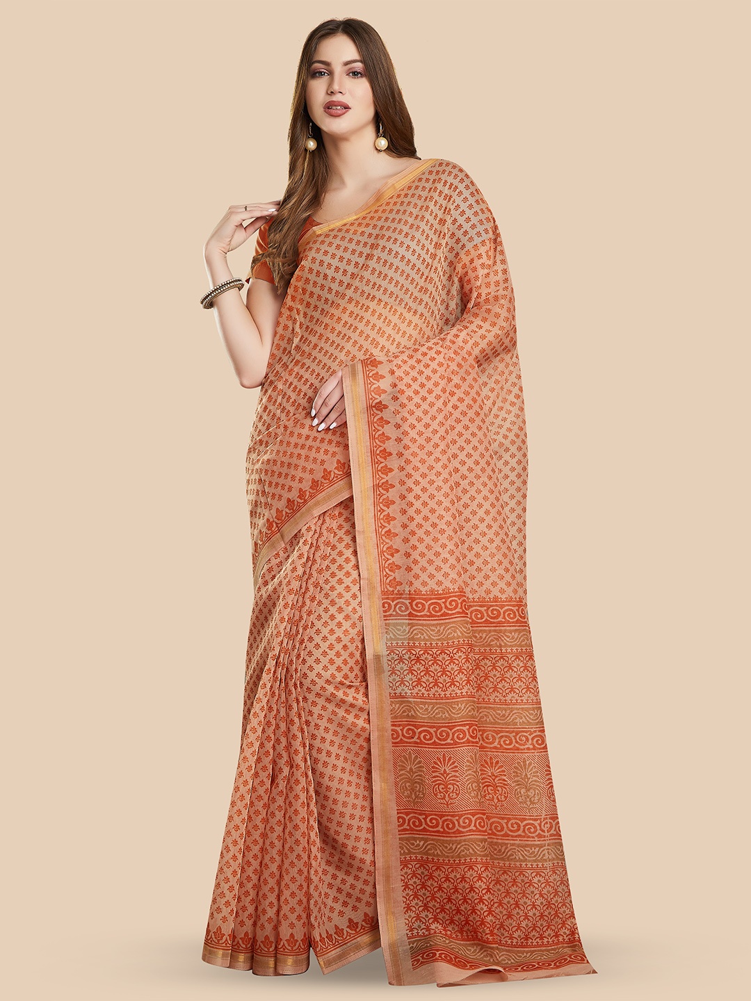 

Rani Saahiba Floral Zari Block Print Saree, Orange