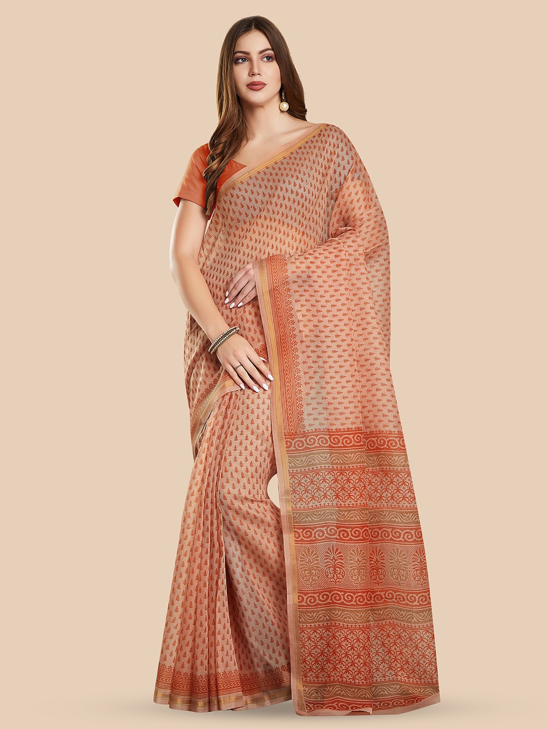 

Rani Saahiba Ethnic Motifs Zari Block Printed Saree, Orange
