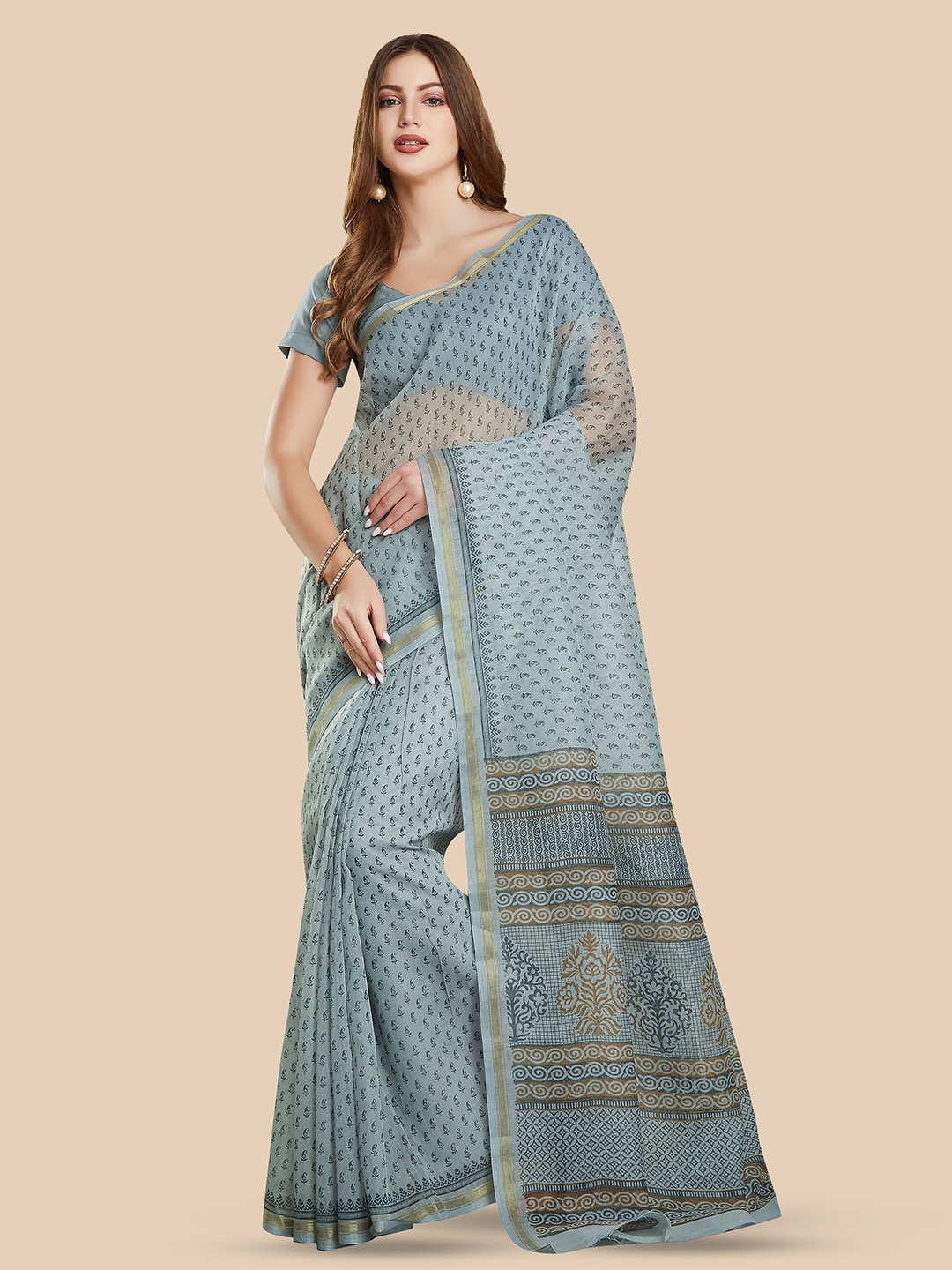 

Rani Saahiba Paisley Zari Block Print Saree, Grey