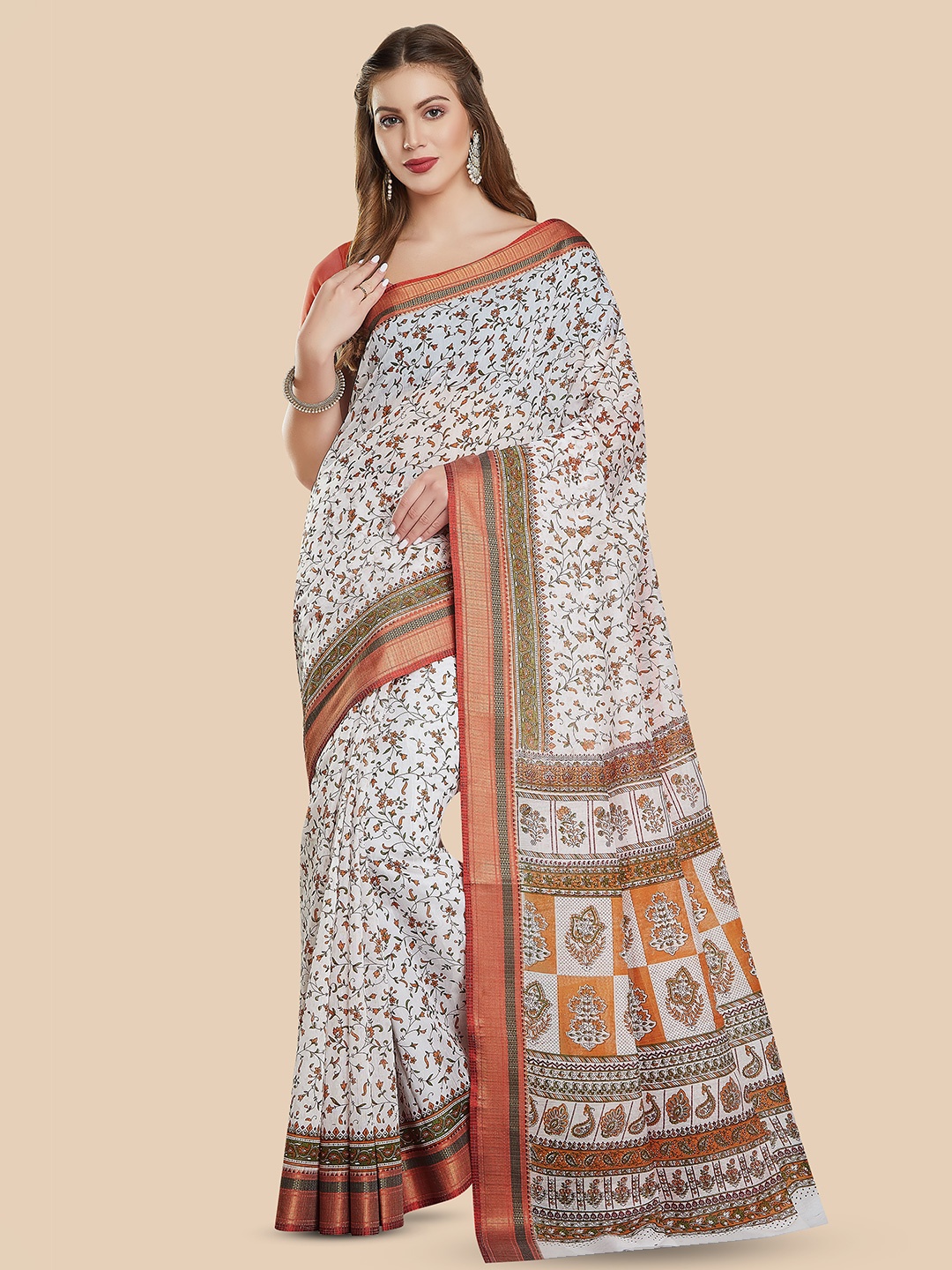 

Rani Saahiba Floral Zari Block Print Saree, White